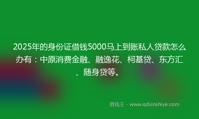 2025年的身份证借钱5000马上到账私人贷款怎么办有：中原消费金融、融逸花、柯基贷、东方汇、随身贷等。