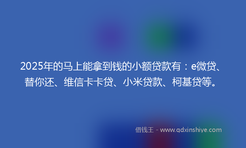 2025年的马上能拿到钱的小额贷款有：e微贷、替你还、维信卡卡贷、小米贷款、柯基贷等。