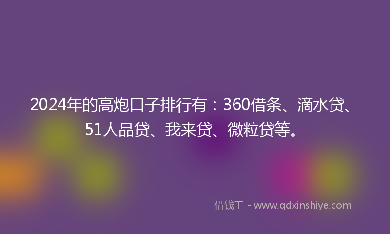 2024年的高炮口子排行有：360借条、滴水贷、51人品贷、我来贷、微粒贷等。