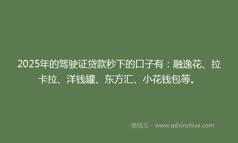 2025年的驾驶证贷款秒下的口子有：融逸花、拉卡拉、洋钱罐、东方汇、小花钱包等。