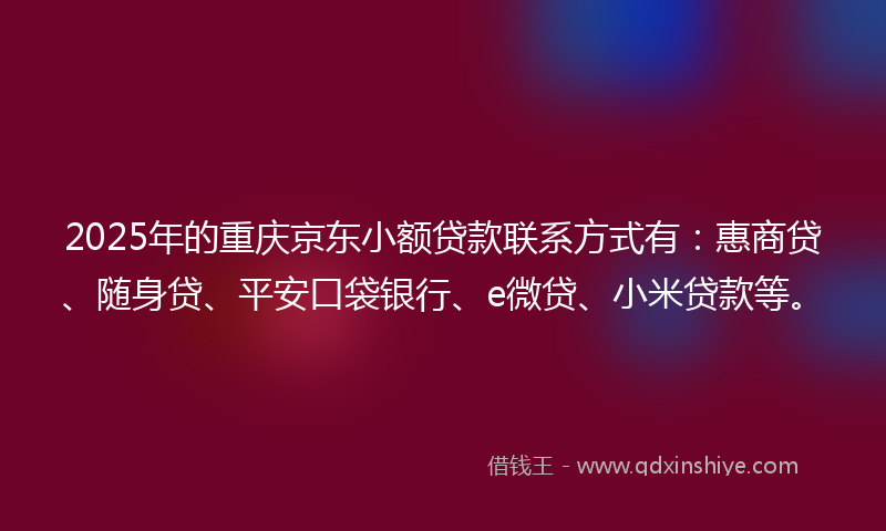 2025年的重庆京东小额贷款联系方式有：惠商贷、随身贷、平安口袋银行、e微贷、小米贷款等。