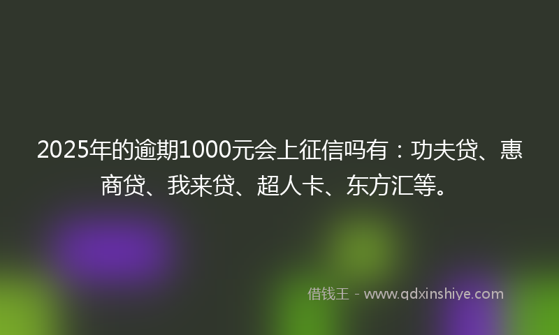 2025年的逾期1000元会上征信吗有：功夫贷、惠商贷、我来贷、超人卡、东方汇等。