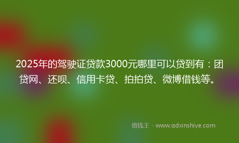 2025年的驾驶证贷款3000元哪里可以贷到有：团贷网、还呗、信用卡贷、拍拍贷、微博借钱等。