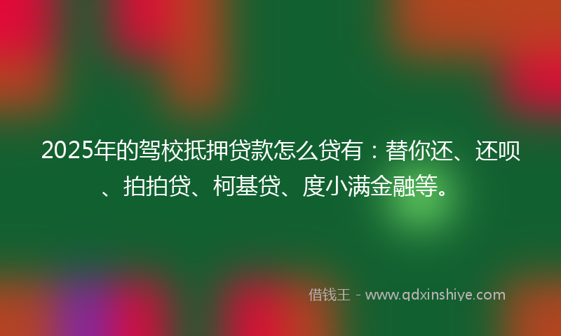2025年的驾校抵押贷款怎么贷有：替你还、还呗、拍拍贷、柯基贷、度小满金融等。