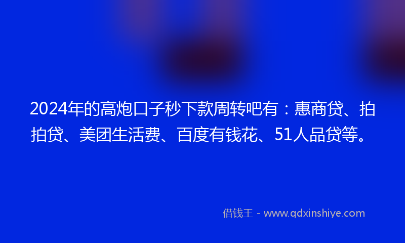 2024年的高炮口子秒下款周转吧有：惠商贷、拍拍贷、美团生活费、百度有钱花、51人品贷等。