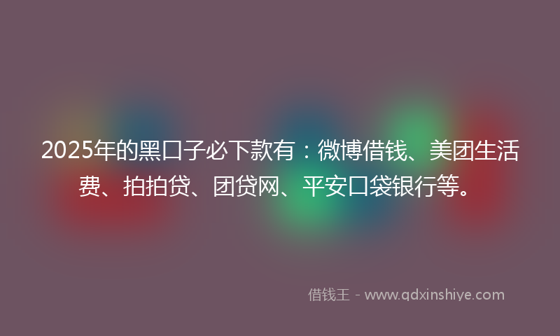 2025年的黑口子必下款有：微博借钱、美团生活费、拍拍贷、团贷网、平安口袋银行等。