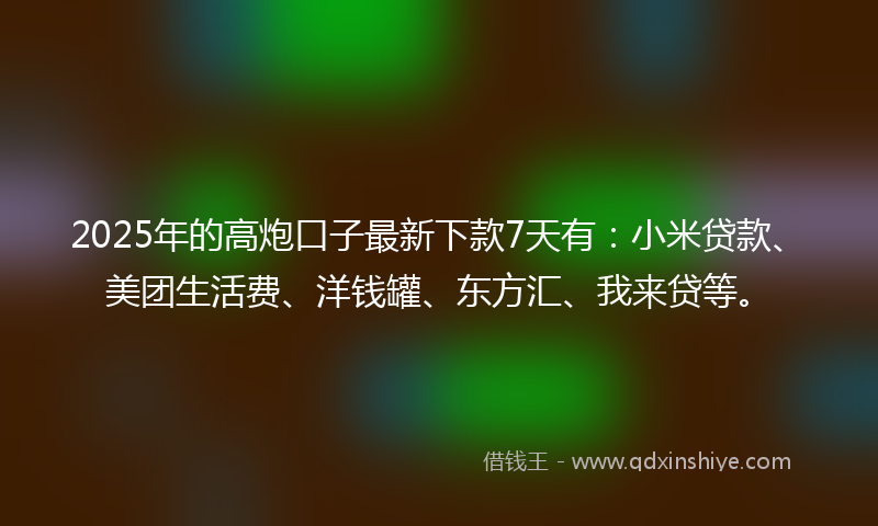 2025年的高炮口子最新下款7天有：小米贷款、美团生活费、洋钱罐、东方汇、我来贷等。