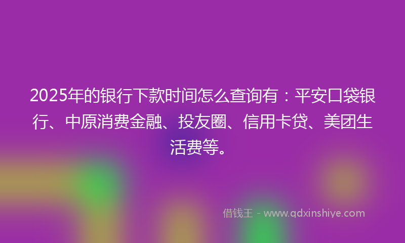 2025年的银行下款时间怎么查询有：平安口袋银行、中原消费金融、投友圈、信用卡贷、美团生活费等。