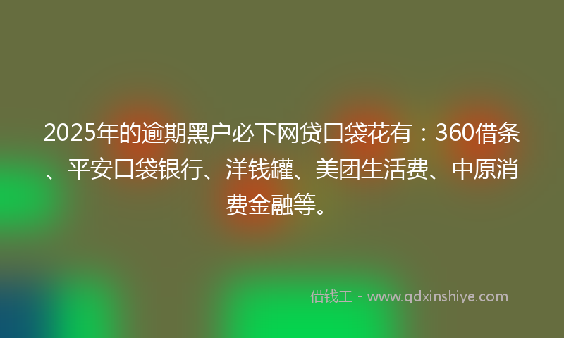 2025年的逾期黑户必下网贷口袋花有：360借条、平安口袋银行、洋钱罐、美团生活费、中原消费金融等。