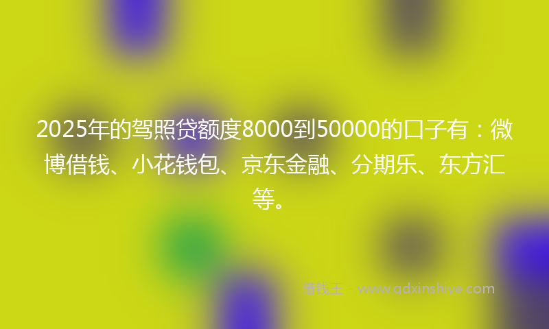 2025年的驾照贷额度8000到50000的口子有：微博借钱、小花钱包、京东金融、分期乐、东方汇等。