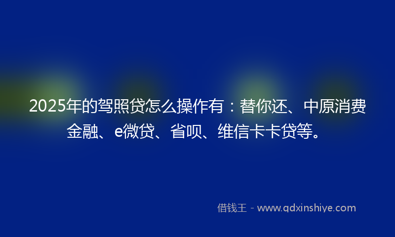 2025年的驾照贷怎么操作有：替你还、中原消费金融、e微贷、省呗、维信卡卡贷等。