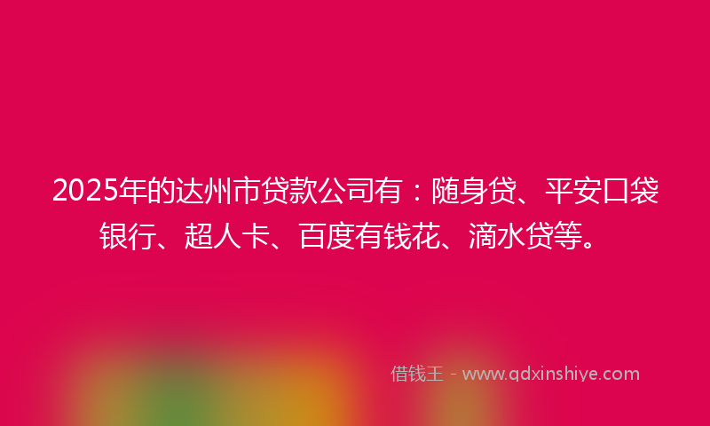 2025年的达州市贷款公司有：随身贷、平安口袋银行、超人卡、百度有钱花、滴水贷等。