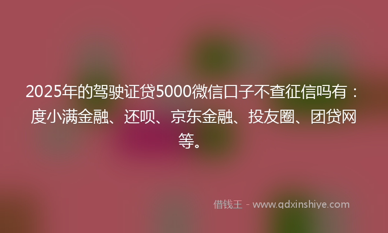 2025年的驾驶证贷5000微信口子不查征信吗有：度小满金融、还呗、京东金融、投友圈、团贷网等。