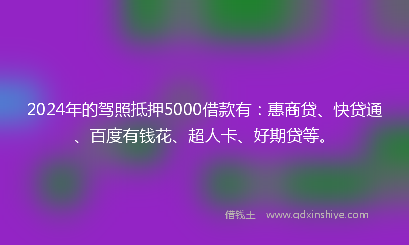 2024年的驾照抵押5000借款有：惠商贷、快贷通、百度有钱花、超人卡、好期贷等。
