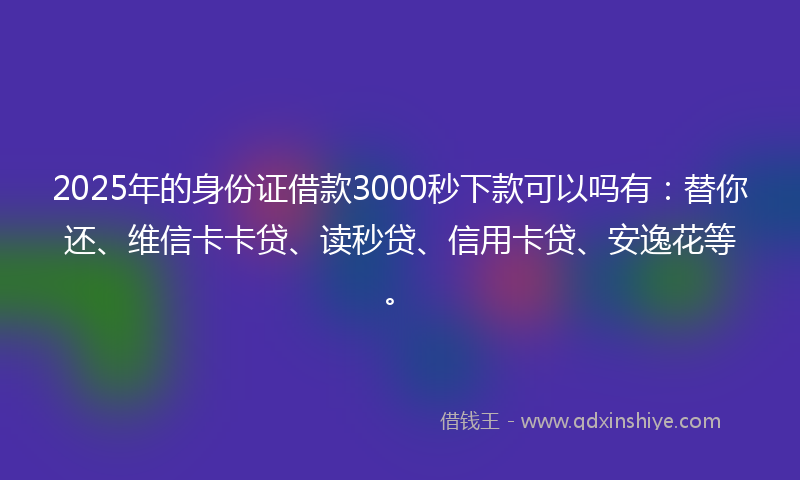 2025年的身份证借款3000秒下款可以吗有：替你还、维信卡卡贷、读秒贷、信用卡贷、安逸花等。