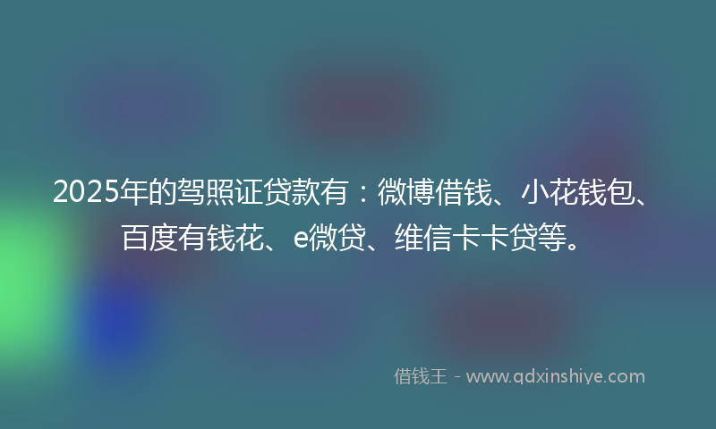 2025年的驾照证贷款有：微博借钱、小花钱包、百度有钱花、e微贷、维信卡卡贷等。