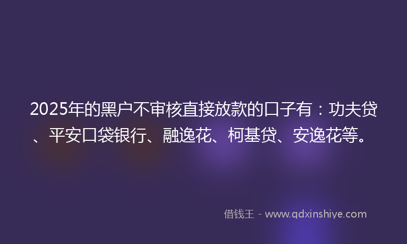 2025年的黑户不审核直接放款的口子有：功夫贷、平安口袋银行、融逸花、柯基贷、安逸花等。