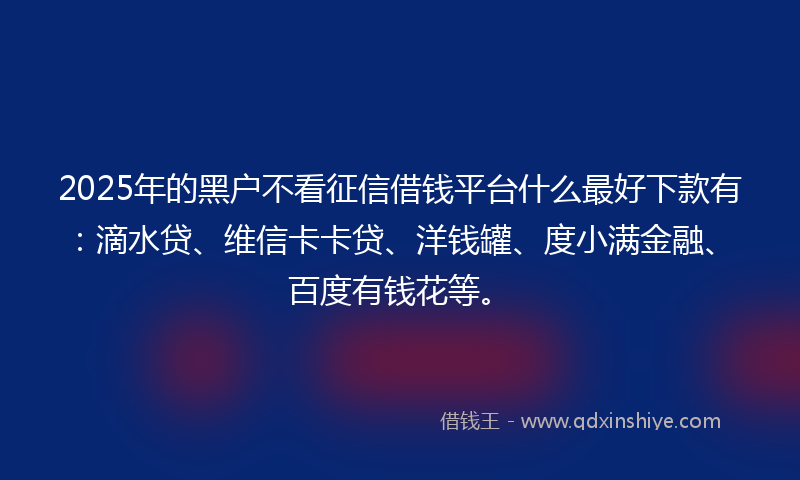 2025年的黑户不看征信借钱平台什么最好下款有：滴水贷、维信卡卡贷、洋钱罐、度小满金融、百度有钱花等。