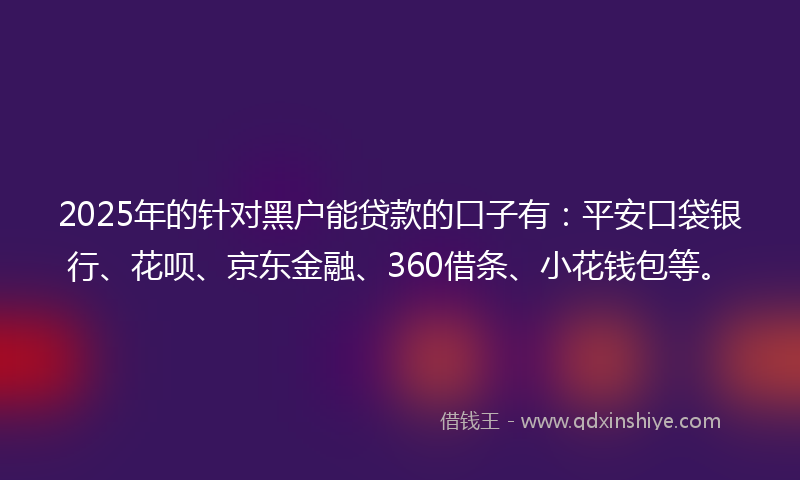 2025年的针对黑户能贷款的口子有：平安口袋银行、花呗、京东金融、360借条、小花钱包等。