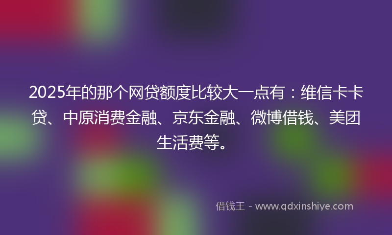 2025年的那个网贷额度比较大一点有：维信卡卡贷、中原消费金融、京东金融、微博借钱、美团生活费等。