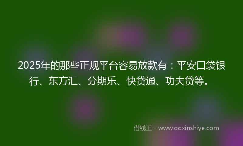 2025年的那些正规平台容易放款有：平安口袋银行、东方汇、分期乐、快贷通、功夫贷等。