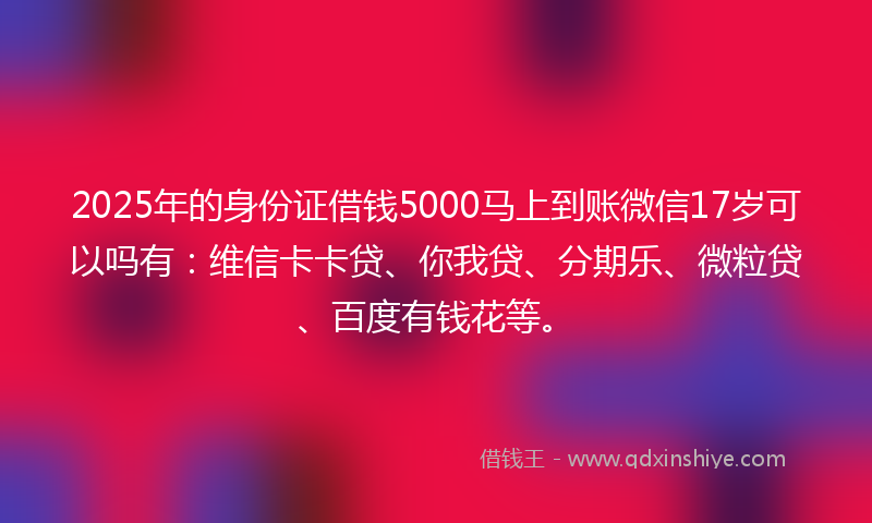 2025年的身份证借钱5000马上到账微信17岁可以吗有：维信卡卡贷、你我贷、分期乐、微粒贷、百度有钱花等。