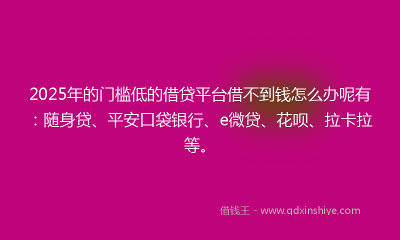 2025年的门槛低的借贷平台借不到钱怎么办呢有：随身贷、平安口袋银行、e微贷、花呗、拉卡拉等。