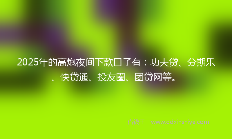2025年的高炮夜间下款口子有：功夫贷、分期乐、快贷通、投友圈、团贷网等。