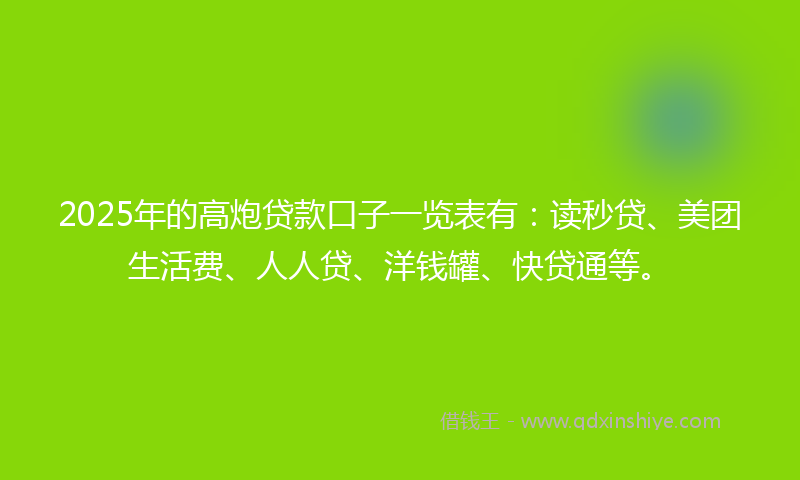 2025年的高炮贷款口子一览表有：读秒贷、美团生活费、人人贷、洋钱罐、快贷通等。