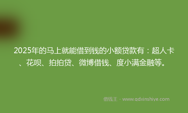 2025年的马上就能借到钱的小额贷款有：超人卡、花呗、拍拍贷、微博借钱、度小满金融等。