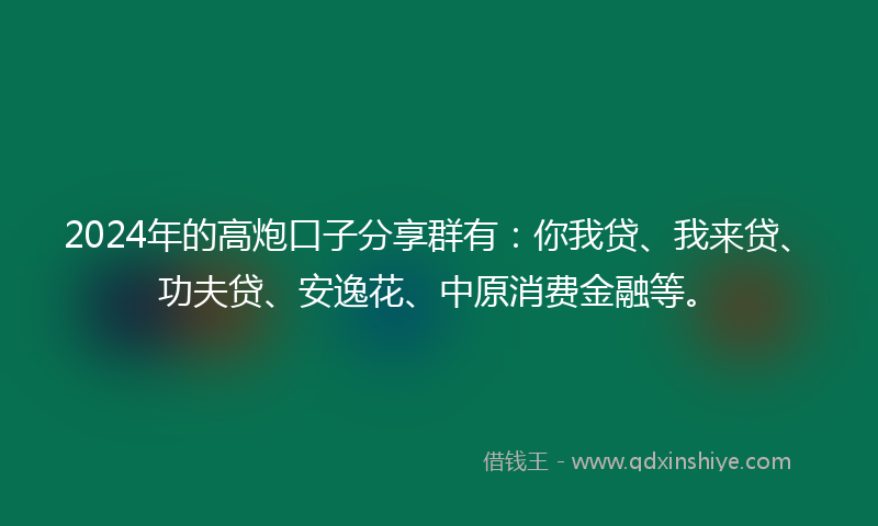 2024年的高炮口子分享群有：你我贷、我来贷、功夫贷、安逸花、中原消费金融等。