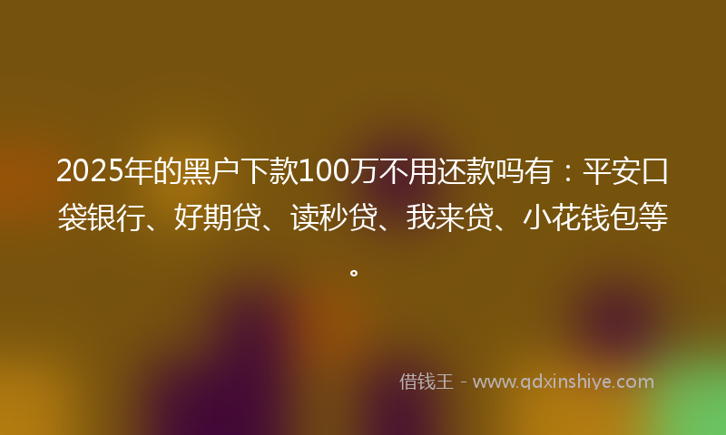 2025年的黑户下款100万不用还款吗有：平安口袋银行、好期贷、读秒贷、我来贷、小花钱包等。