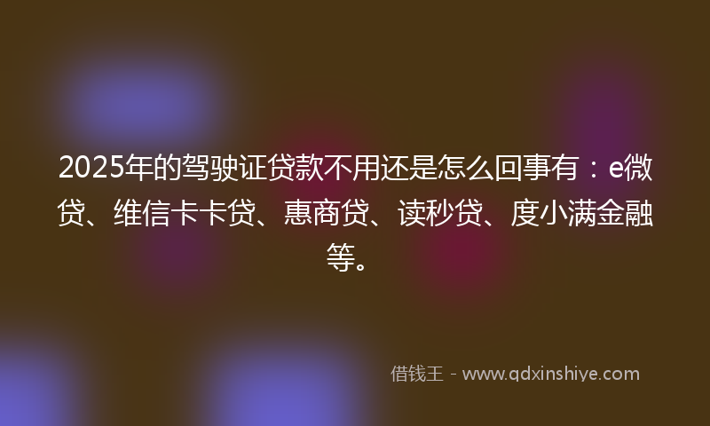 2025年的驾驶证贷款不用还是怎么回事有：e微贷、维信卡卡贷、惠商贷、读秒贷、度小满金融等。