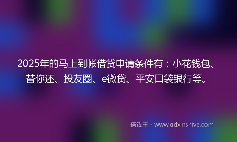 2025年的马上到帐借贷申请条件有：小花钱包、替你还、投友圈、e微贷、平安口袋银行等。