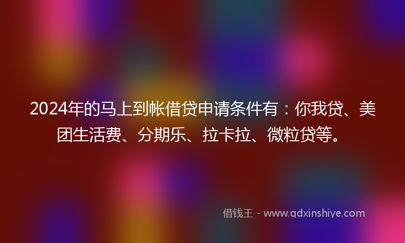2024年的马上到帐借贷申请条件有：你我贷、美团生活费、分期乐、拉卡拉、微粒贷等。