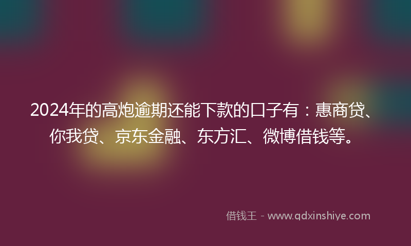 2024年的高炮逾期还能下款的口子有：惠商贷、你我贷、京东金融、东方汇、微博借钱等。