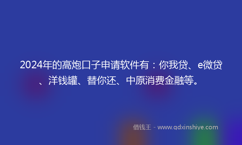 2024年的高炮口子申请软件有：你我贷、e微贷、洋钱罐、替你还、中原消费金融等。