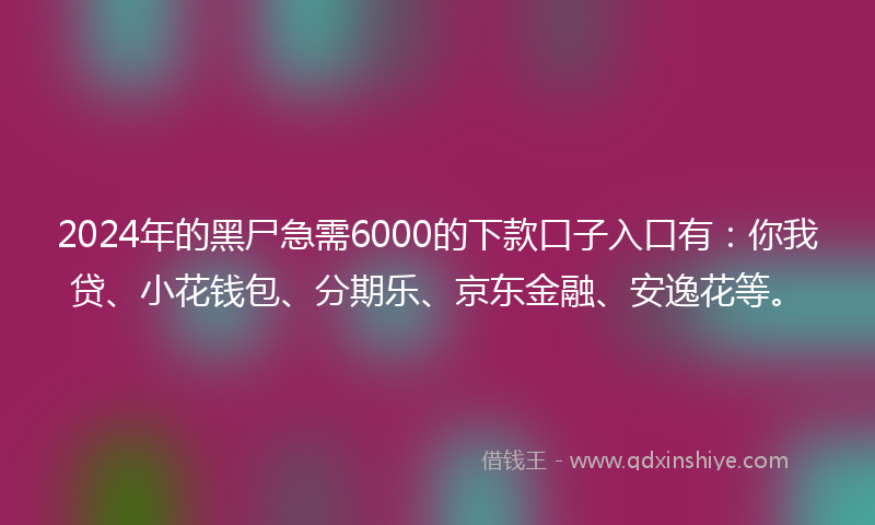 2024年的黑尸急需6000的下款口子入口有：你我贷、小花钱包、分期乐、京东金融、安逸花等。