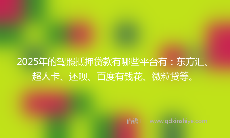 2025年的驾照抵押贷款有哪些平台有：东方汇、超人卡、还呗、百度有钱花、微粒贷等。