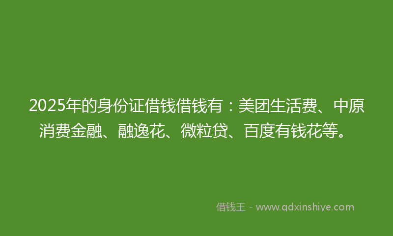 2025年的身份证借钱借钱有：美团生活费、中原消费金融、融逸花、微粒贷、百度有钱花等。