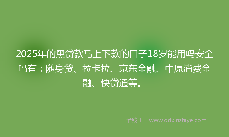 2025年的黑贷款马上下款的口子18岁能用吗安全吗有：随身贷、拉卡拉、京东金融、中原消费金融、快贷通等。