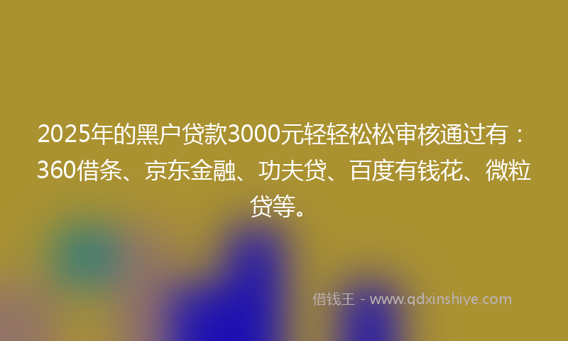 2025年的黑户贷款3000元轻轻松松审核通过有：360借条、京东金融、功夫贷、百度有钱花、微粒贷等。