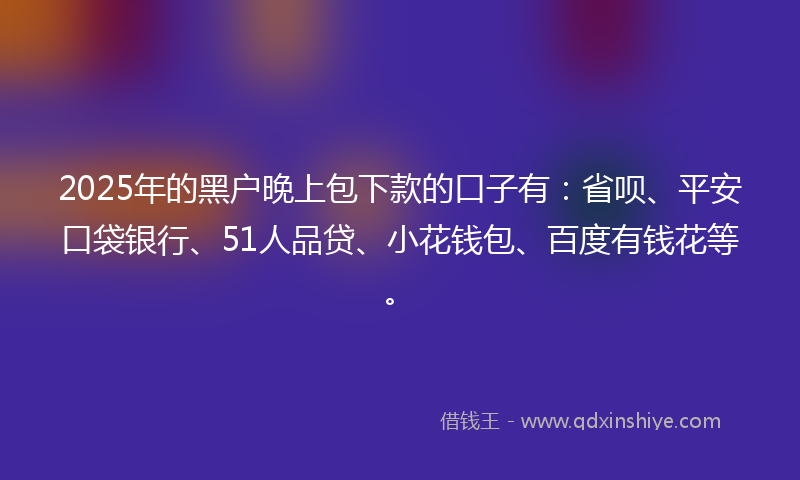2025年的黑户晚上包下款的口子有：省呗、平安口袋银行、51人品贷、小花钱包、百度有钱花等。