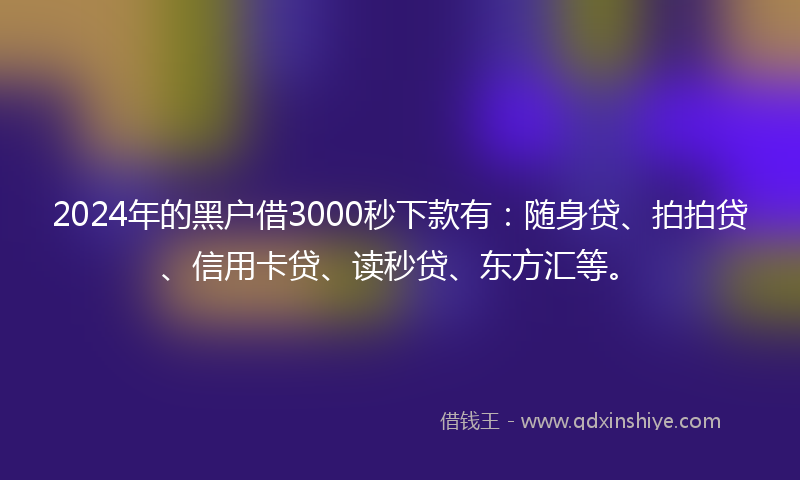 2024年的黑户借3000秒下款有：随身贷、拍拍贷、信用卡贷、读秒贷、东方汇等。