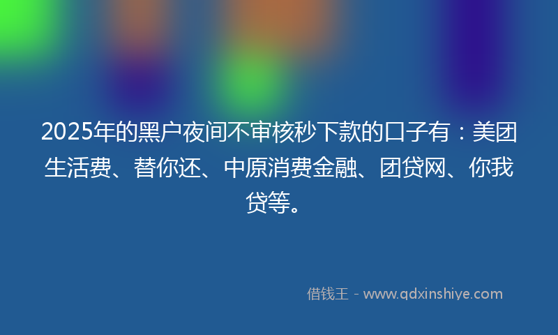 2025年的黑户夜间不审核秒下款的口子有：美团生活费、替你还、中原消费金融、团贷网、你我贷等。