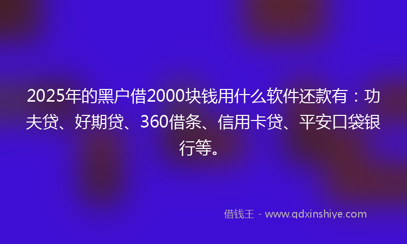2025年的黑户借2000块钱用什么软件还款有：功夫贷、好期贷、360借条、信用卡贷、平安口袋银行等。