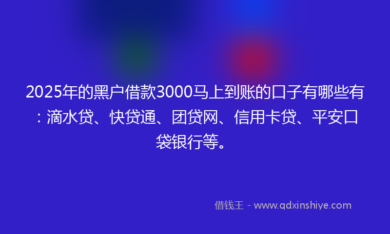 2025年的黑户借款3000马上到账的口子有哪些有：滴水贷、快贷通、团贷网、信用卡贷、平安口袋银行等。
