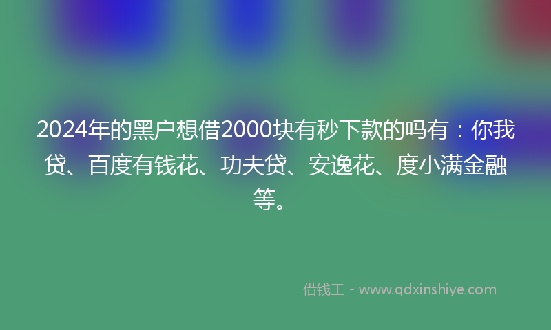 2024年的黑户想借2000块有秒下款的吗有：你我贷、百度有钱花、功夫贷、安逸花、度小满金融等。