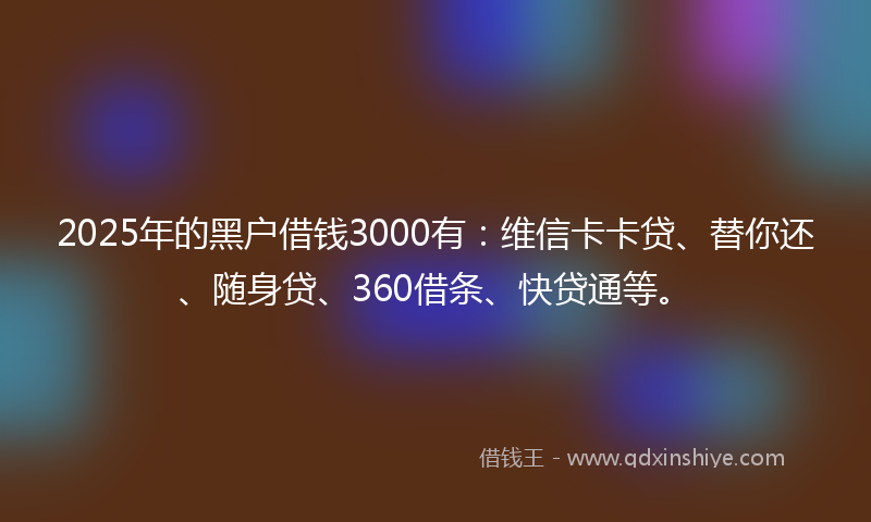 2025年的黑户借钱3000有：维信卡卡贷、替你还、随身贷、360借条、快贷通等。