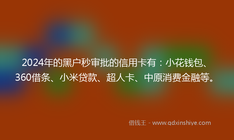 2024年的黑户秒审批的信用卡有：小花钱包、360借条、小米贷款、超人卡、中原消费金融等。